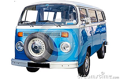 Blue and white Volkswagen Camper van Stock Photo