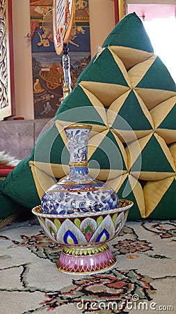 Blue and white Water jar and triangle pillow Stock Photo