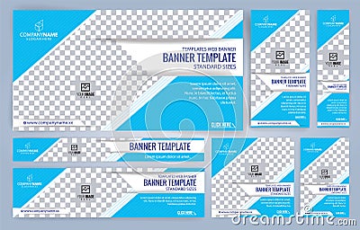 Blue and White Web banners templates, standard sizes with space for photo Vector Illustration