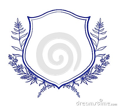 Blue and white wedding Crest template with herbs, eucalyptus and fern branches. Chinoiserie inspired. Vector Illustration