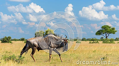 Blue wildebeest gnu antelope walking through open grassland with trees and clouds . Generative Ai Stock Photo