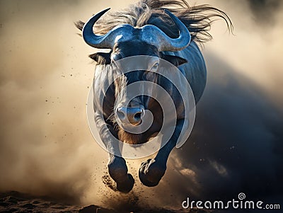 Blue wildebeest running in dust Cartoon Illustration