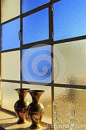 Blue window in a church, Santorini, Greece Stock Photo