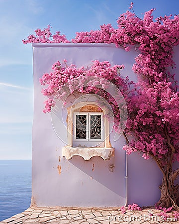 blue window of typical white house in greek island, pink bougainvillea in santorini Stock Photo