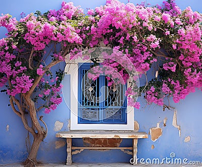 blue window of typical white house in greek island, pink bougainvillea in santorini Stock Photo