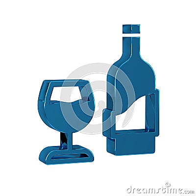 Blue Wine bottle with glass icon isolated on transparent background. Stock Photo