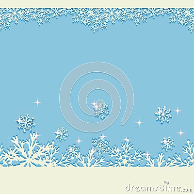 Blue winter Christmas background with glittering snowflakes. Seamless horizontal New Year pattern. Vector Illustration