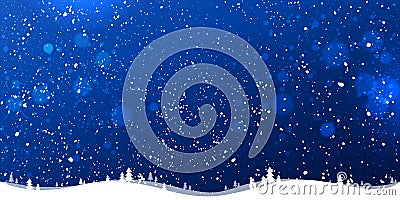 Blue winter Christmas background with landscape, snowflakes, light, stars. Stock Photo