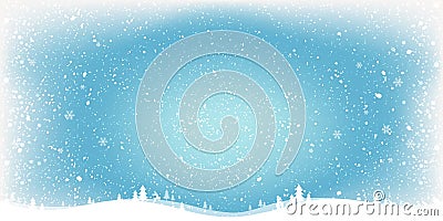 Blue Winter Christmas background with landscape, snowflakes, light, stars. Xmas and New Year card. Stock Photo