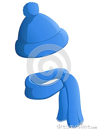 Blue winter hat with scarf isolated on white background Vector Illustration