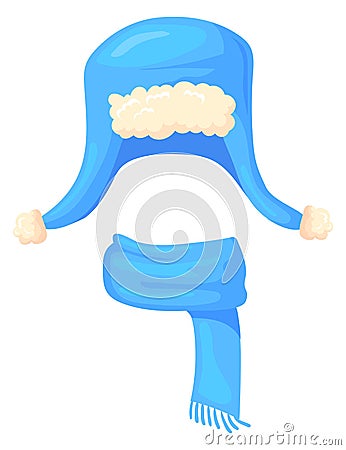 Blue winter hat and warm scarf. Cartoon knitting icon Vector Illustration