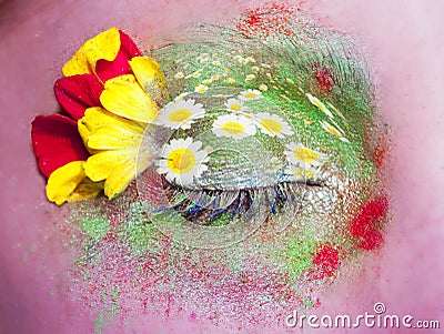 Blue woman eye makeup spring flowers metaphor Stock Photo