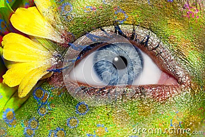 Blue woman eye makeup spring flowers metaphor Stock Photo