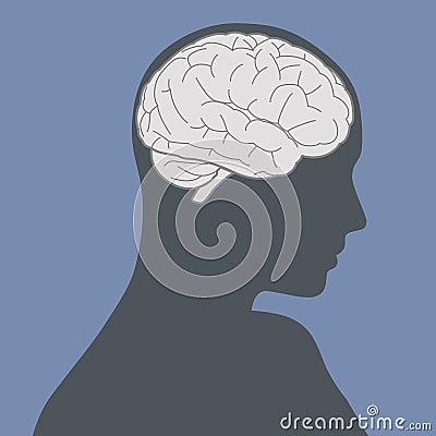 Blue woman face silhouette and brain image vector illustration. Vector Illustration