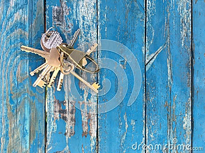 Blue wooden floor top view with key Stock Photo