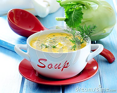 Fresh kohlrabi cream soup with dill Stock Photo