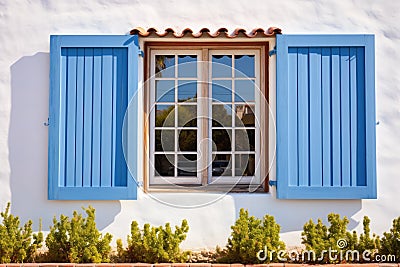 blue wooden window shutters on whitewashed spanish revival building Stock Photo