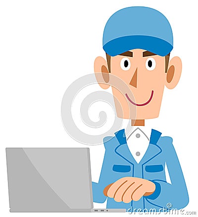 A Blue working clothes man who operate a computer Vector Illustration