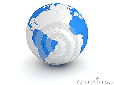 Blue world globe map on white soccer ball Stock Photo