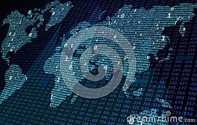 Blue world map of binary code, big data and financial chart foreground Stock Photo