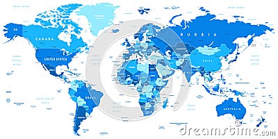 Blue World Map - borders, countries and cities -illustration Vector Illustration