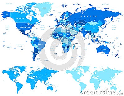 Blue World Map - borders, countries and cities - illustration. Vector Illustration