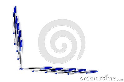Blue writing pens, lined border of office supplies new with caps isolated over white Stock Photo