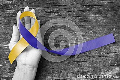 Blue yellow awareness ribbon on helping hand for World down syndrome day WDSD March 21 raising support on patient Stock Photo