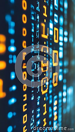 Blue and Yellow Binary Code Data Stream Digital Technology and Cybersecurity Background. Stock Photo