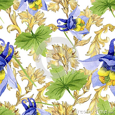 Blue yellow brugmansia floral botanical flowers. Watercolor background illustration set. Seamless background pattern. Cartoon Illustration