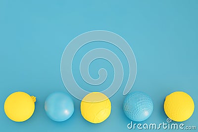 Blue and yellow Christmas composition. Trendy Xmas background, mockup. Modern design. Free space for text, copy space Stock Photo