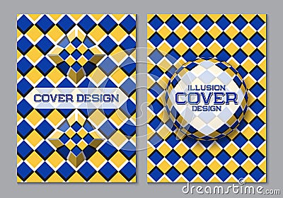 Blue yellow color scheme book cover design template with optical motion illusion elements Vector Illustration