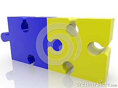 Blue and yellow connected puzzle pieces Stock Photo