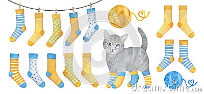 Blue and yellow cosy sock set with playful little kitten. Stock Photo