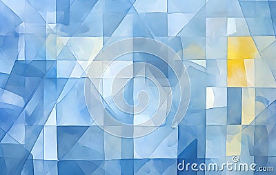 Blue and Yellow Cubism Background with Serene Watercolor Patterns Stock Photo
