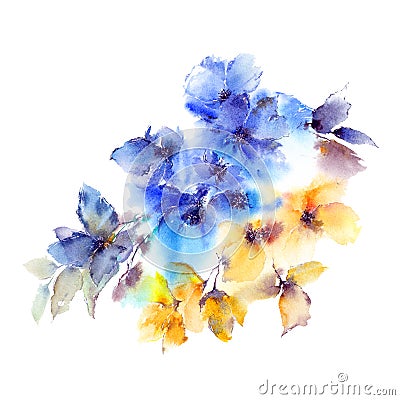 Watercolor blue and yellow flowers. Autumn florals. Floral background. Autumn floral design. Floral greeting card. Stock Photo