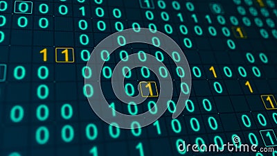 Blue and yellow glowing binary matrix on a grid, horizontal composition Stock Photo