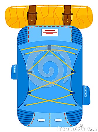 Blue and yellow inflatable paddle board with bungee cords for secure storage. Stand-up paddleboard for water sports and Vector Illustration