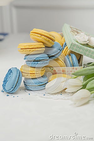 Blue and yellow macaroons poured out of the box, beside lies a bouquet of tulips Stock Photo