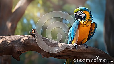 Blue and yellow Macaw, sitting on a tree Stock Photo