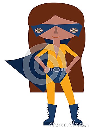 Blue and yellow masked and caped superheroine with super powers. Vector Illustration