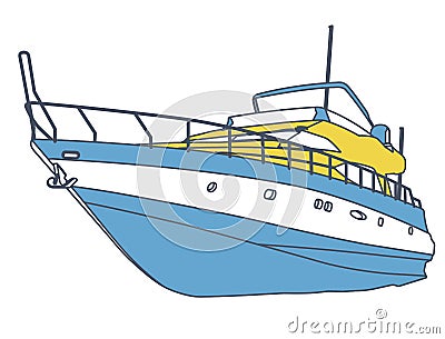 Blue yellow motor boat. Outlined sea yacht for fishing and leisure time. Luxury expensive motorboat Vector Illustration