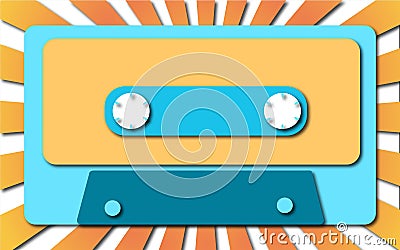 Blue with yellow musical, retro, hipster, old, old, antique audio cassette from the 80`s, 90`s against the background of yellow Vector Illustration