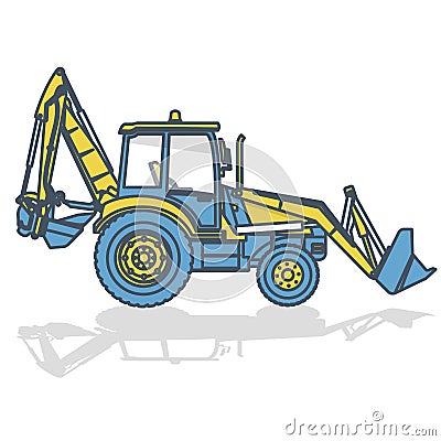 Blue yellow outlined big excavator, digger on white Vector Illustration