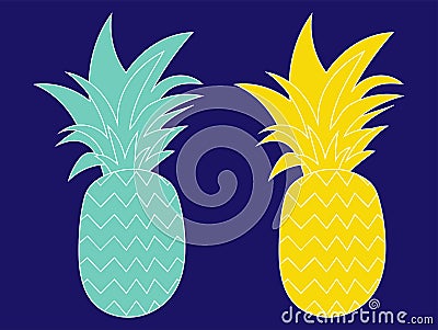 blue and yellow pineapples. Tropical fruits isolated on blue background Vector Illustration