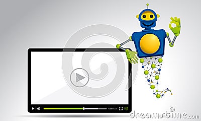Blue and yellow robot genie floating next to a video screen with one hand making OK sign Vector Illustration