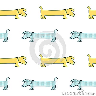 Blue and yellow Seamless pattern with Dachshund Dogs Vector Illustration
