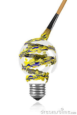 Blue yellow spiral paint trace and paintbrush made light bulb Stock Photo