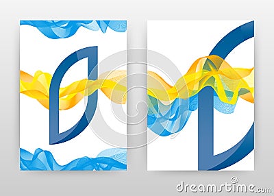 Blue yellow waving lines design for brochure, flyer, poster. Blue B letter alphabet waving lines textured background vector Vector Illustration