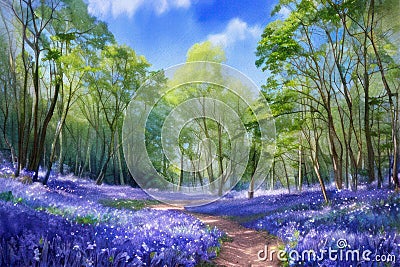 Bluebell Wood - Watercolour Painting. Generative AI Stock Photo